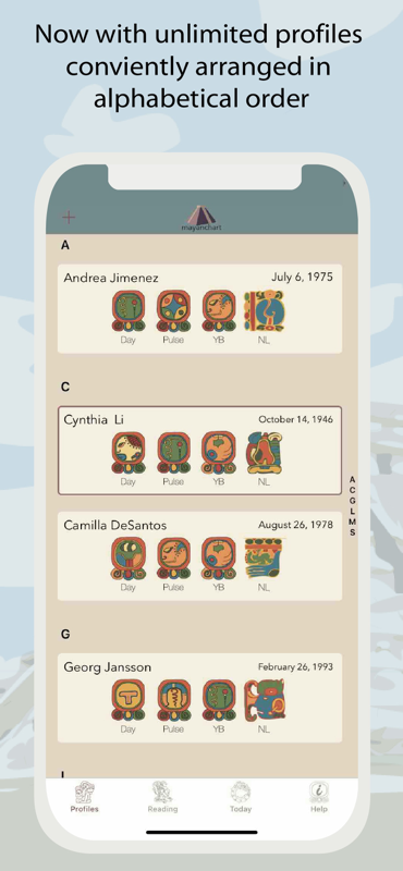 MayanChart profiles screen preview